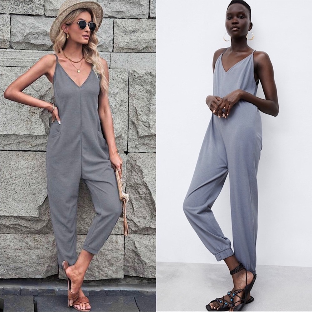 Zara gray 100% cotton tie strap back jumpsuit